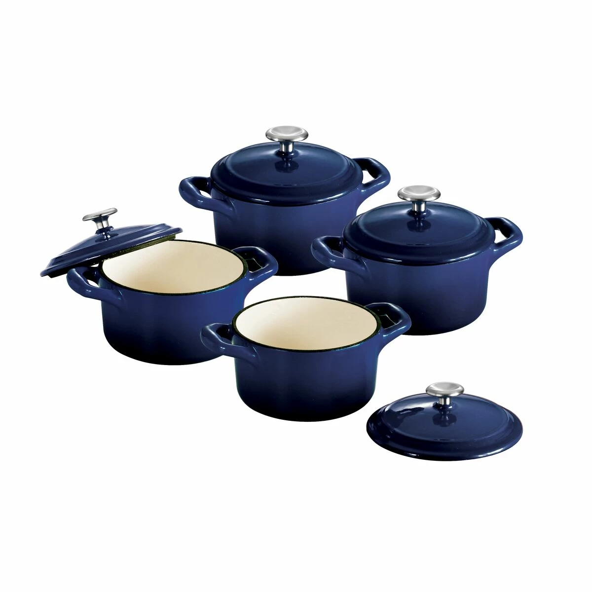 Tramontina 4 Pk - 10.5 Oz Enameled Cast Iron Covered Mini Cocotte - Cobalt Blue 1 Tramontina 4 Pk - 10.5 Oz Enameled Cast Iron Covered Mini Cocotte - Cobalt Blue