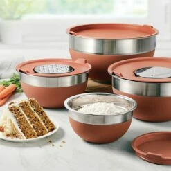 Tramontina 10 Pc Covered Stainless Steel And Silicone Mixing Bowl Set With Grating Tools - Persimmon Orange