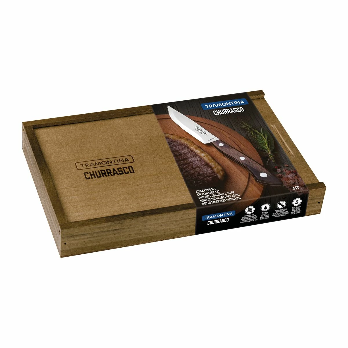 Tramontina Churrasco BBQ 4 Pc Porterhouse Steak Knife Set In Wood Gift Box 2 Tramontina Churrasco BBQ 4 Pc Porterhouse Steak Knife Set In Wood Gift Box - Image 2
